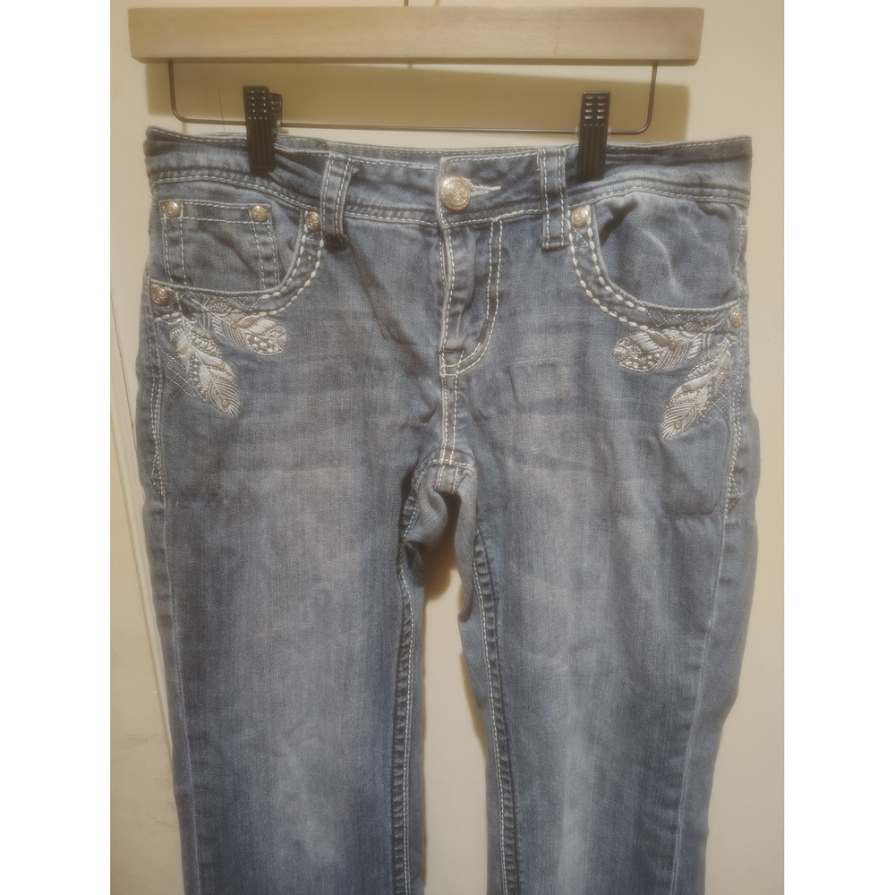 Grace in LA Women Bootcut Jeans Feather Embroidery Rhinestone Medium Wash 29 - Picture 3 of 6